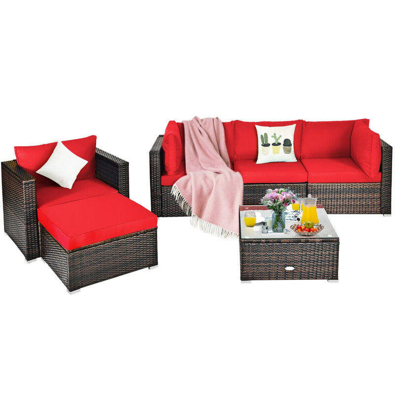 6 Pieces Patio Rattan Furniture Set with sectional cushion - Red
