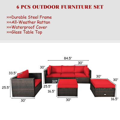6 Pieces Patio Rattan Furniture Set with sectional cushion - Red