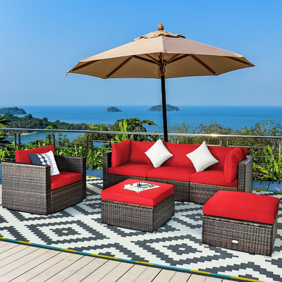 6 Pieces Patio Rattan Furniture Set with sectional cushion - Red