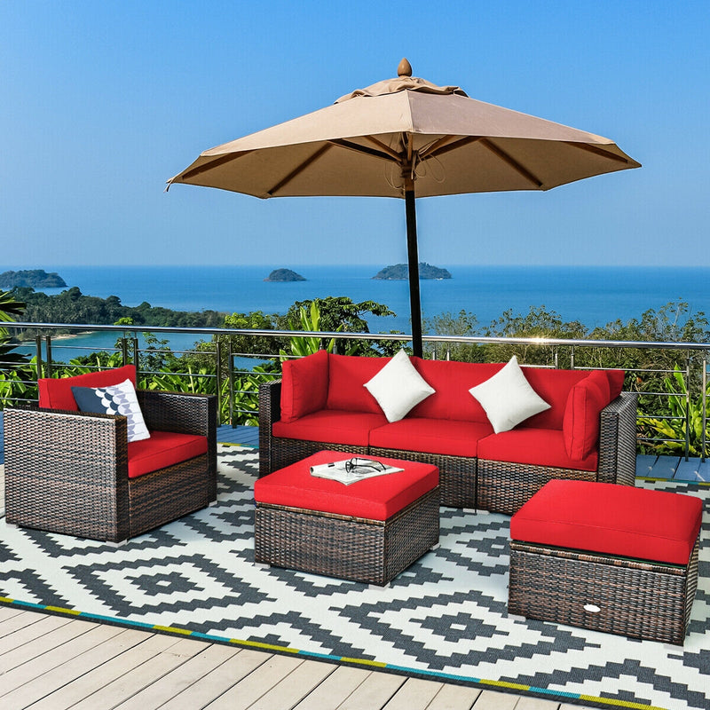 6 Pieces Patio Rattan Furniture Set with sectional cushion - Red