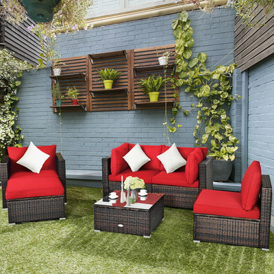 6 Pieces Patio Rattan Furniture Set with sectional cushion - Red