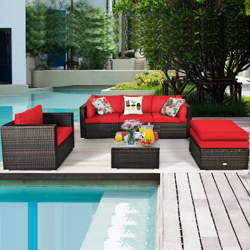 6 Pieces Patio Rattan Furniture Set with sectional cushion - Red