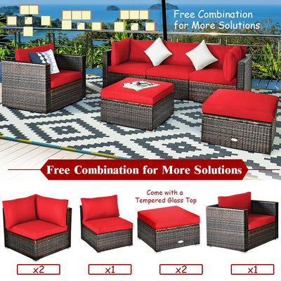 6 Pieces Patio Rattan Furniture Set with sectional cushion - Red