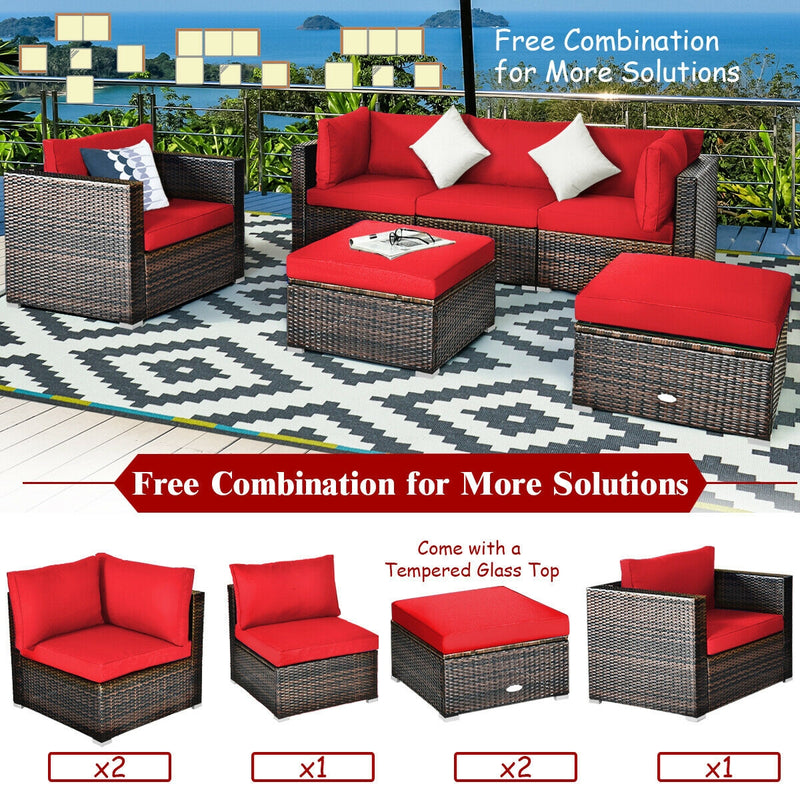 6 Pieces Patio Rattan Furniture Set with sectional cushion - Red
