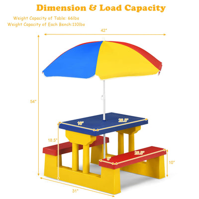 Kids Picnic Folding Table and Bench Set with Umbrella-Yellow