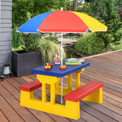 Kids Picnic Folding Table and Bench Set with Umbrella-Yellow