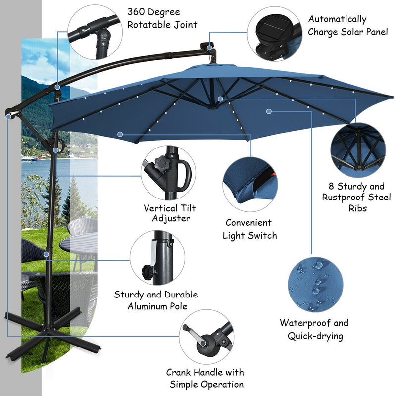 *10 ft 360° Rotation Solar Powered LED Patio Offset Umbrella without Weight Base - Blue