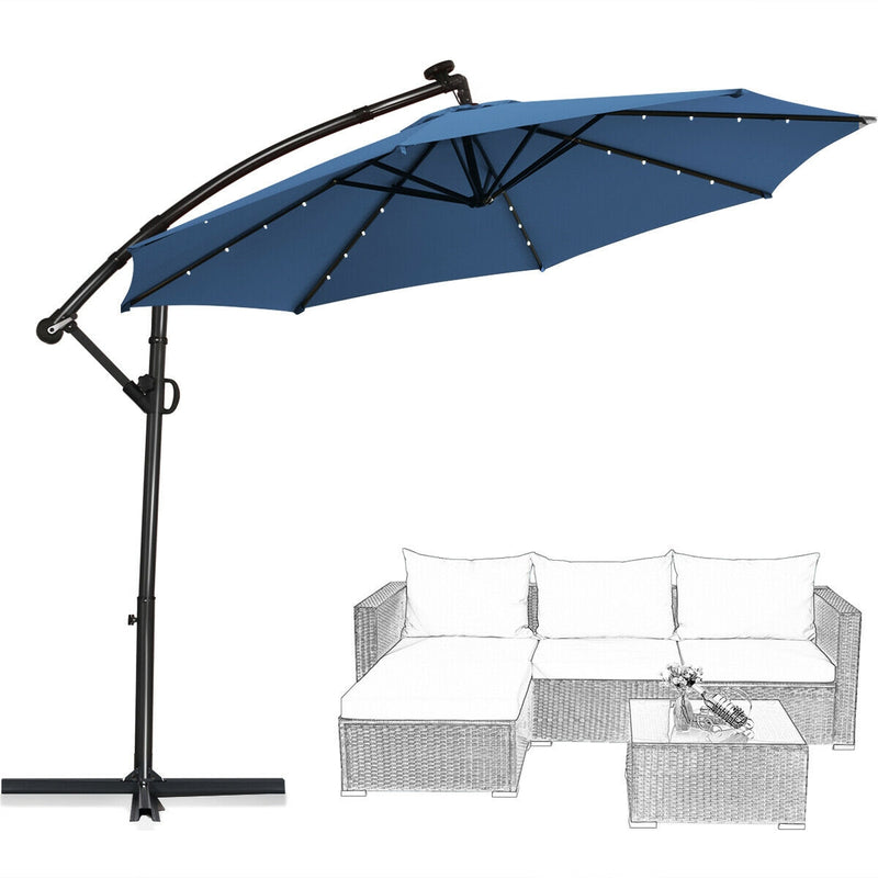 *10 ft 360° Rotation Solar Powered LED Patio Offset Umbrella without Weight Base - Blue