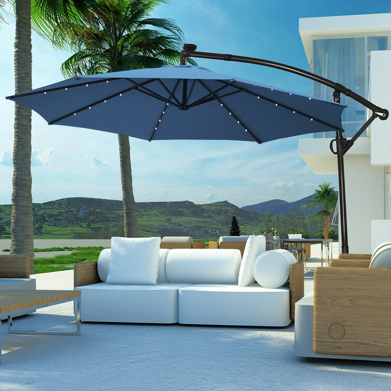 *10 ft 360° Rotation Solar Powered LED Patio Offset Umbrella without Weight Base - Blue