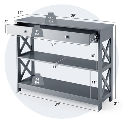 *Console Table 3-Tier with Drawer and Storage Shelves - Gray