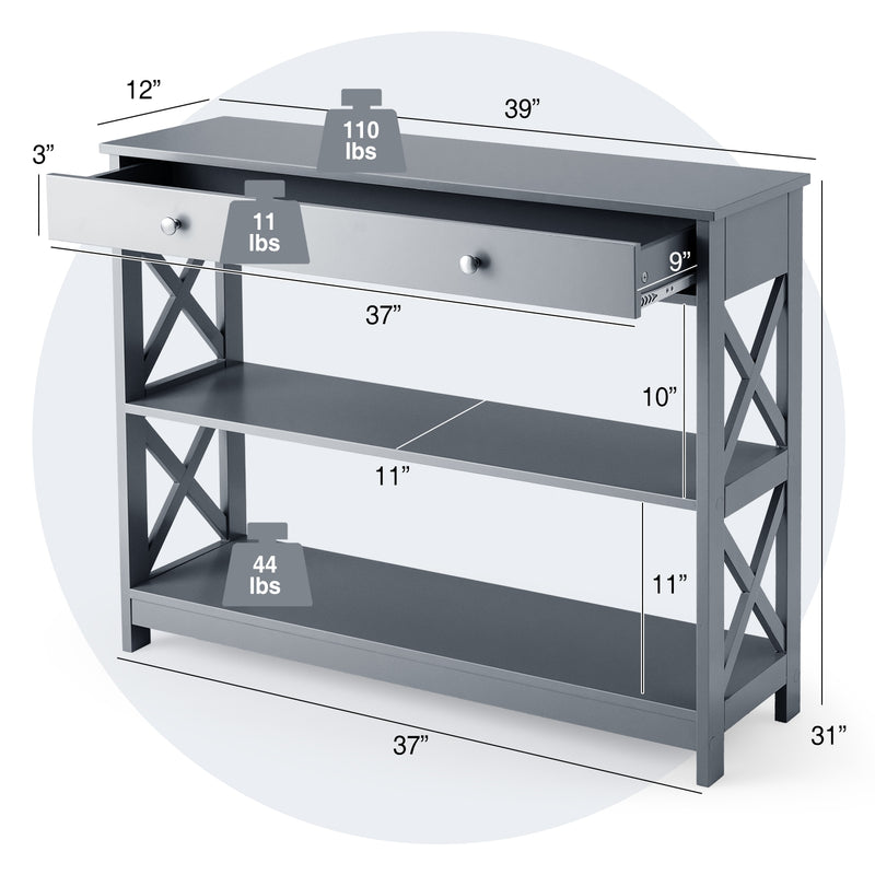 *Console Table 3-Tier with Drawer and Storage Shelves - Gray