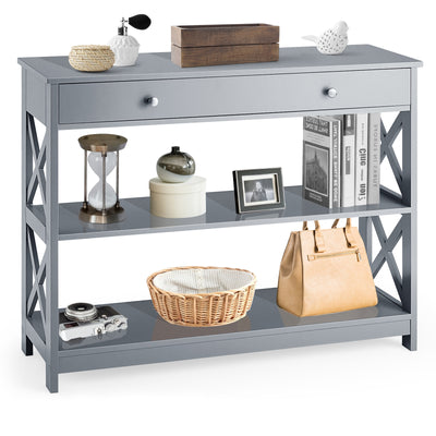 *Console Table 3-Tier with Drawer and Storage Shelves - Gray