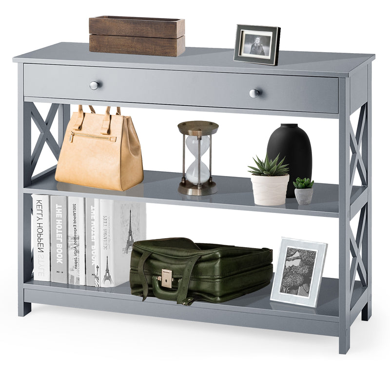 *Console Table 3-Tier with Drawer and Storage Shelves - Gray