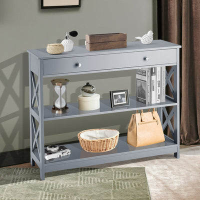 *Console Table 3-Tier with Drawer and Storage Shelves - Gray