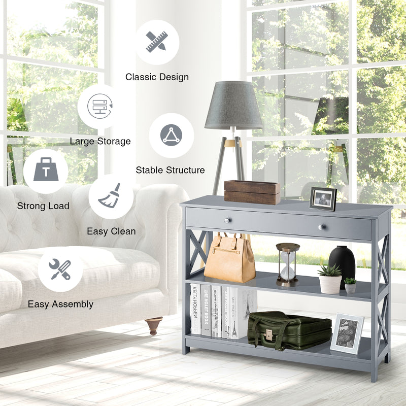 *Console Table 3-Tier with Drawer and Storage Shelves - Gray