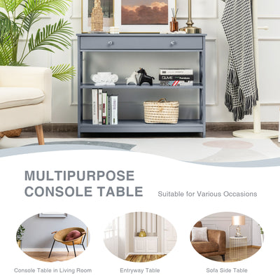 *Console Table 3-Tier with Drawer and Storage Shelves - Gray