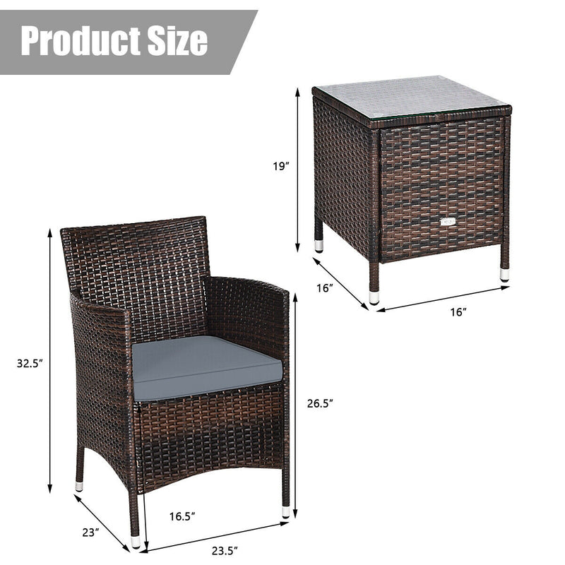 3 Pieces Patio Furniture Set Outdoor Wicker Rattan Set-Gray