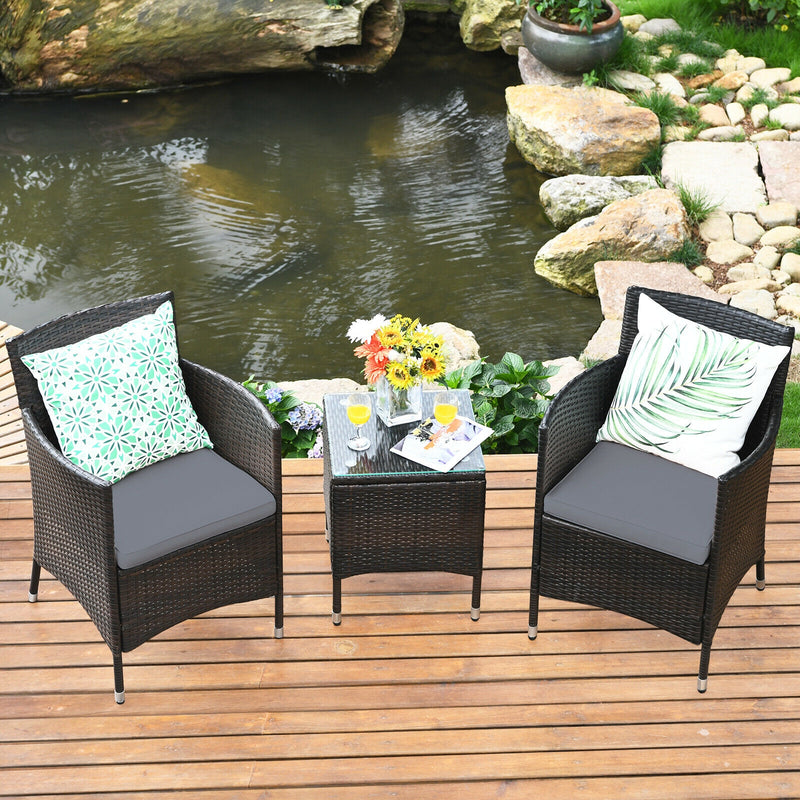 3 Pieces Patio Furniture Set Outdoor Wicker Rattan Set-Gray