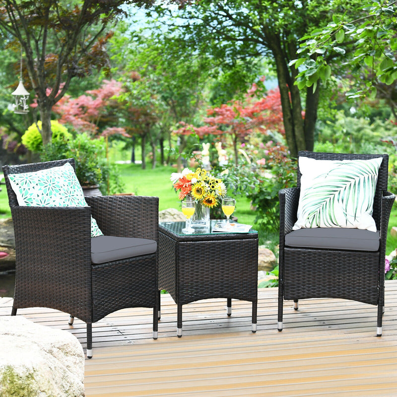 3 Pieces Patio Furniture Set Outdoor Wicker Rattan Set-Gray