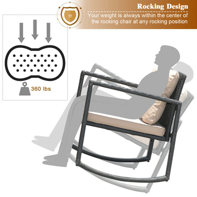 3 Pieces Wicker Rocking Bistro Set with Glass Coffee Table and Storage Shelf-Beige