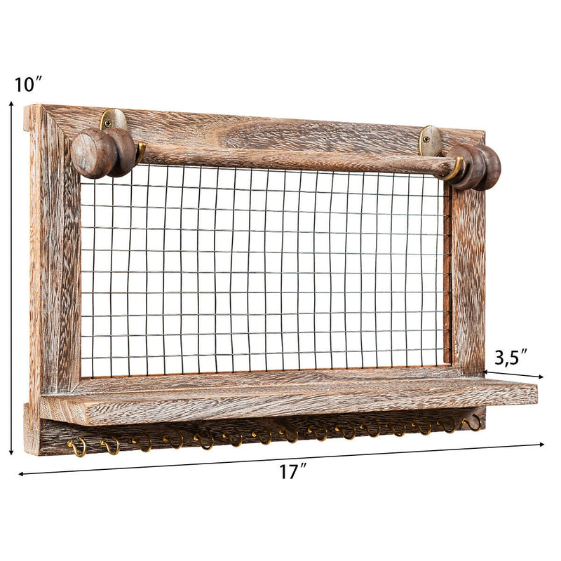 Vintage Wood Wall Mounted Jewelry Organizer Display Rack with Bracelet Rod-Brown