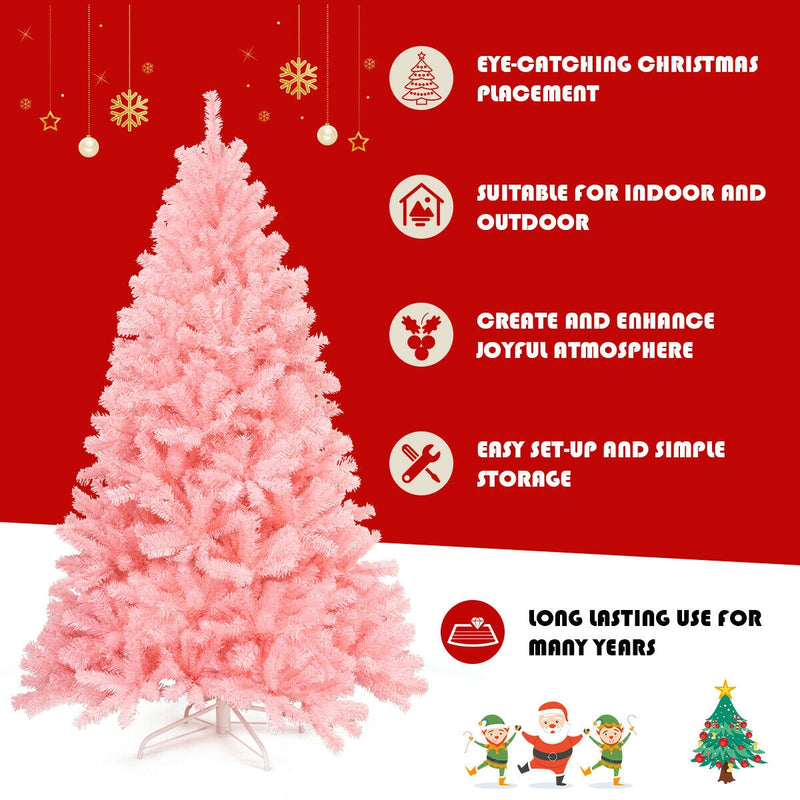 6 Feet Pink Artificial Hinged Spruce Full Christmas Tree with Foldable Metal Stand