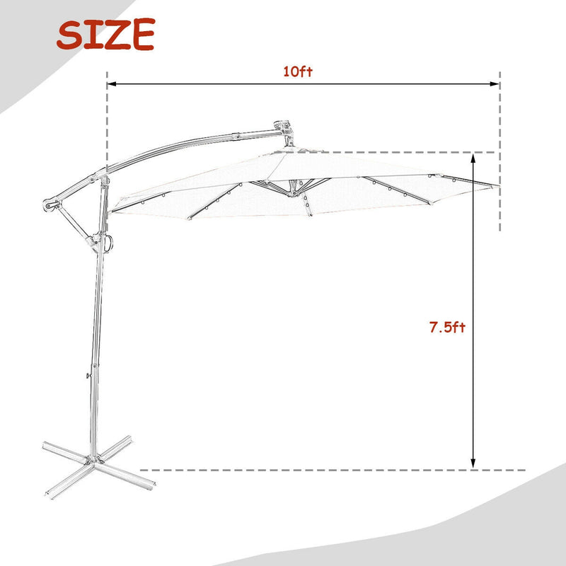 10 ft 360° Rotation Solar Powered LED Patio Offset Umbrella without Weight Base-Orange