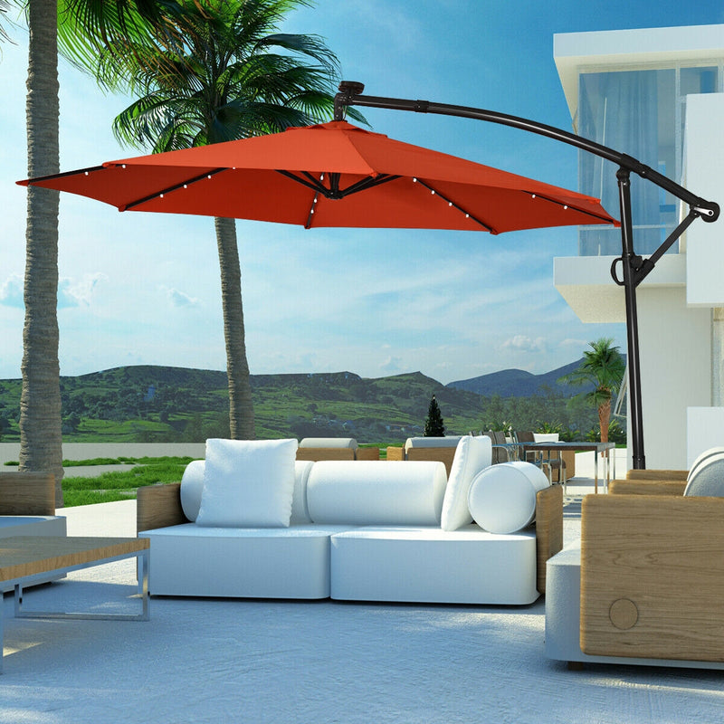 10 ft 360° Rotation Solar Powered LED Patio Offset Umbrella without Weight Base-Orange