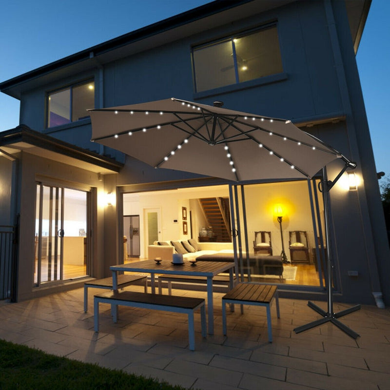 *10 ft 360° Rotation Solar Powered LED Patio Offset Umbrella without Weight Base - Tan