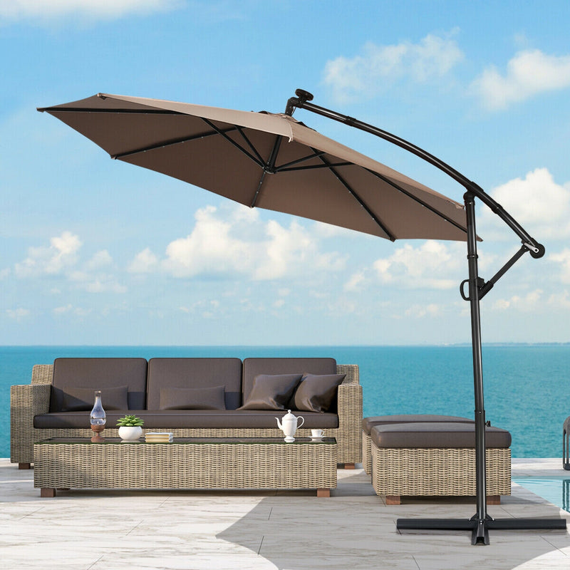 *10 ft 360° Rotation Solar Powered LED Patio Offset Umbrella without Weight Base - Tan