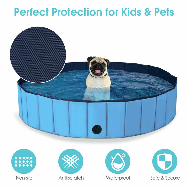 63 Inch Foldable Leakproof Dog Pet Pool Bathing Tub Kiddie Pool for Dogs Cats and Kids-Blue