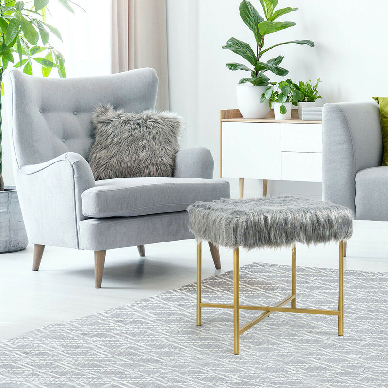 Faux Fur Ottoman Decorative Stool with Metal Legs-Gray