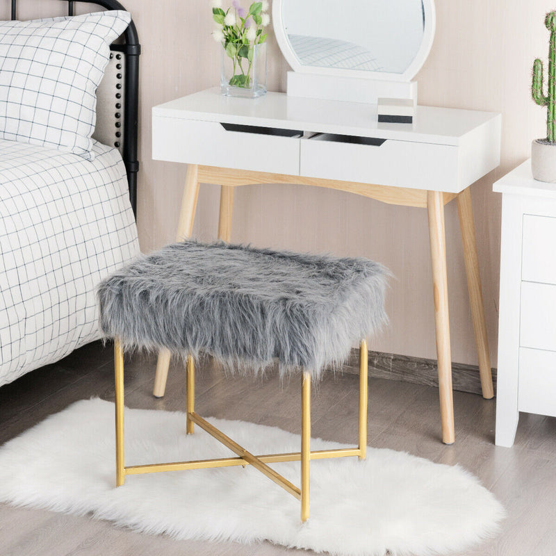 Faux Fur Ottoman Decorative Stool with Metal Legs-Gray
