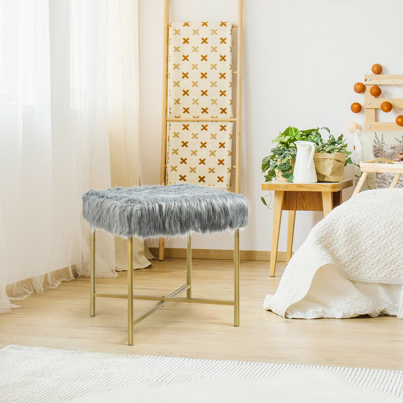 Faux Fur Ottoman Decorative Stool with Metal Legs-Gray