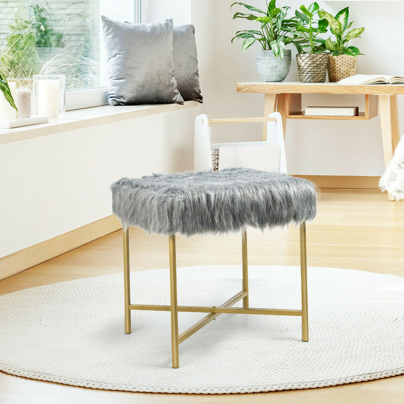 Faux Fur Ottoman Decorative Stool with Metal Legs-Gray