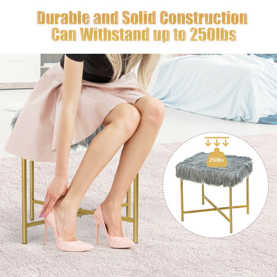 Faux Fur Ottoman Decorative Stool with Metal Legs-Gray