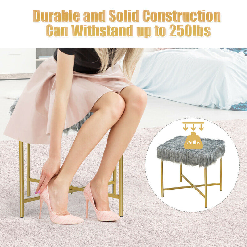 Faux Fur Ottoman Decorative Stool with Metal Legs-Gray