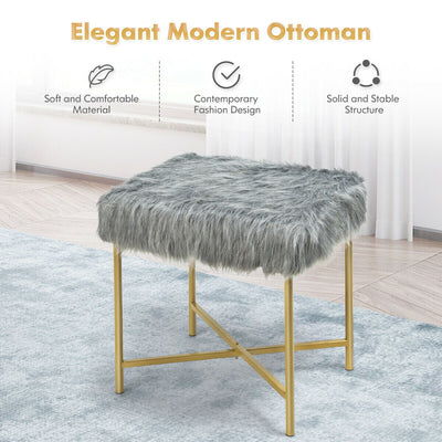 Faux Fur Ottoman Decorative Stool with Metal Legs-Gray