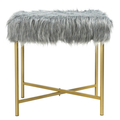 Faux Fur Ottoman Decorative Stool with Metal Legs-Gray