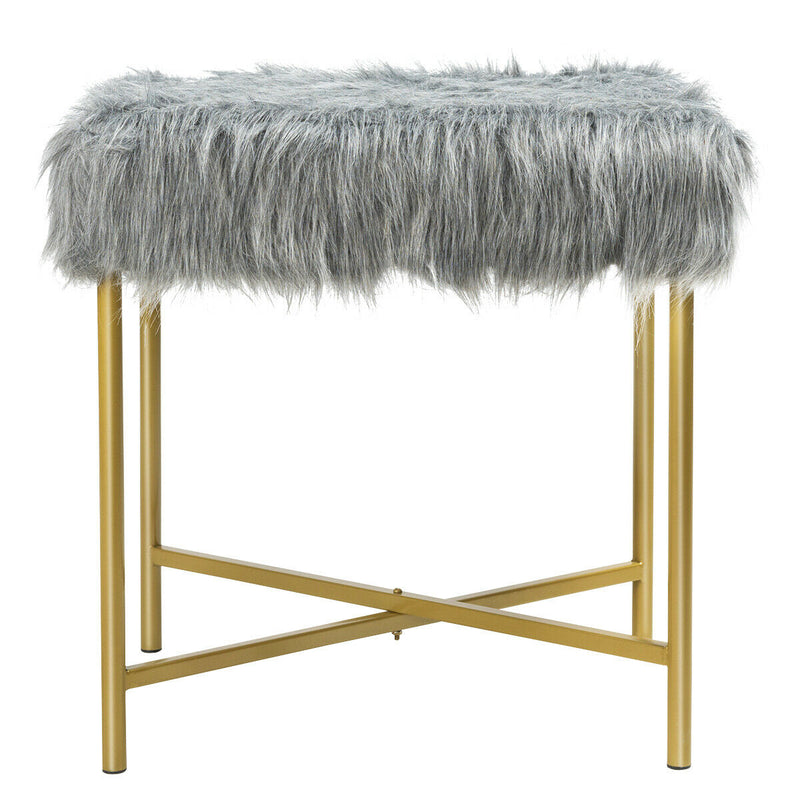 Faux Fur Ottoman Decorative Stool with Metal Legs-Gray