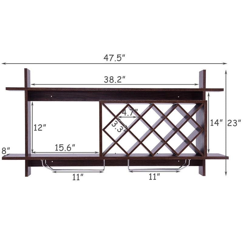 Wall Mount Wine Rack with Glass Holder & Storage Shelf-Walnut