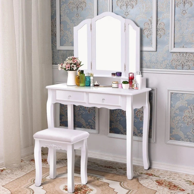 Tri Folding Mirror Vanity Table Stool Set with 4 Drawers and Cushioned Stool - White