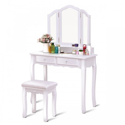 Tri Folding Mirror Vanity Table Stool Set with 4 Drawers and Cushioned Stool - White