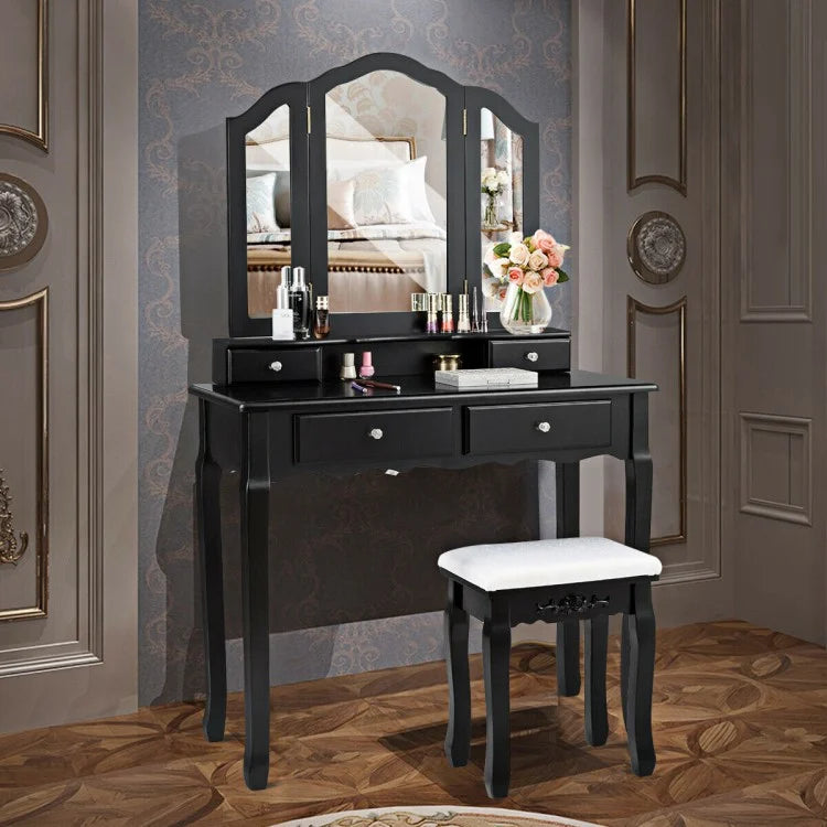 Tri Folding Mirror Vanity Table Stool Set with 4 Drawers and Cushioned Stool - Black