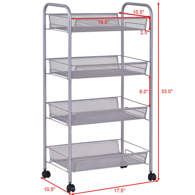 Gray 4 Tier Storage Rack Trolley Cart-Gray