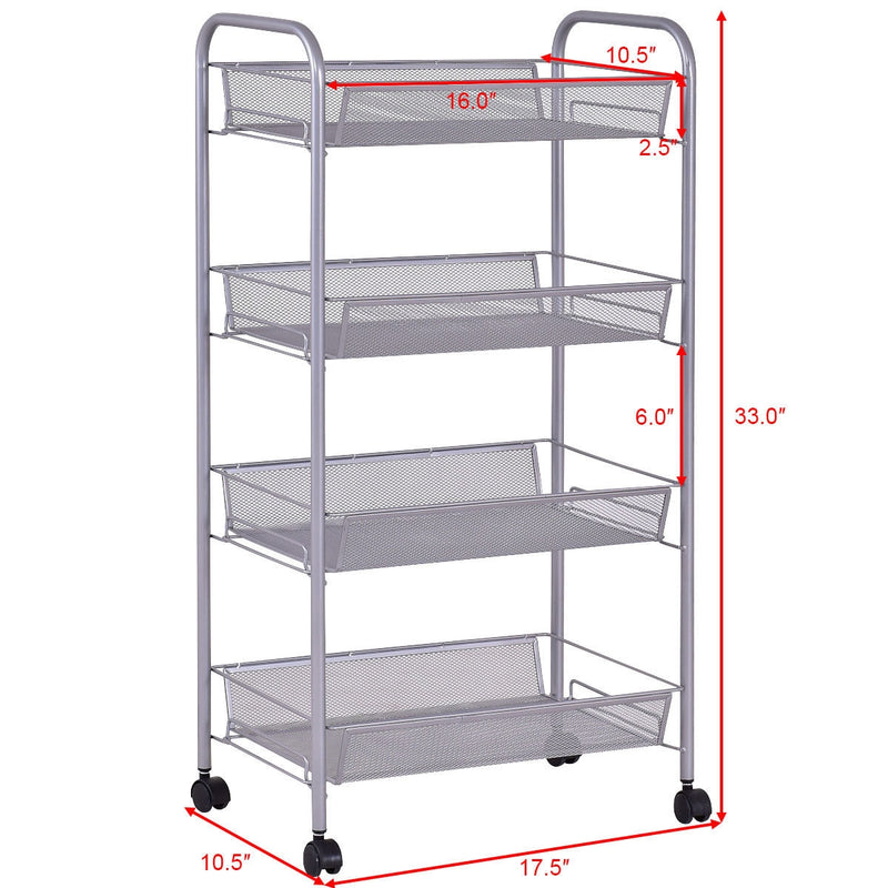 Gray 4 Tier Storage Rack Trolley Cart-Gray