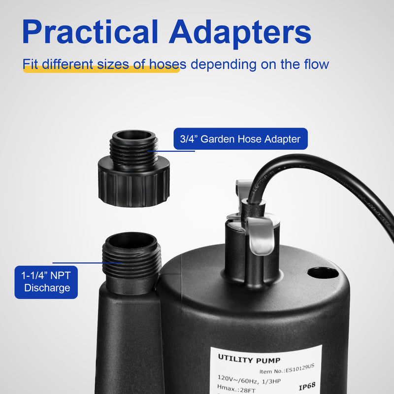 1/3HP 2400GPH Submersible Utility Pump Portable Electric Water Pump with 10 FT Cord