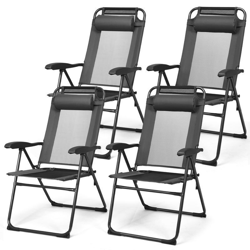 *2 Pieces Patio Adjustable Folding Recliner Chairs with 7 Level Adjustable Backrest - Gray