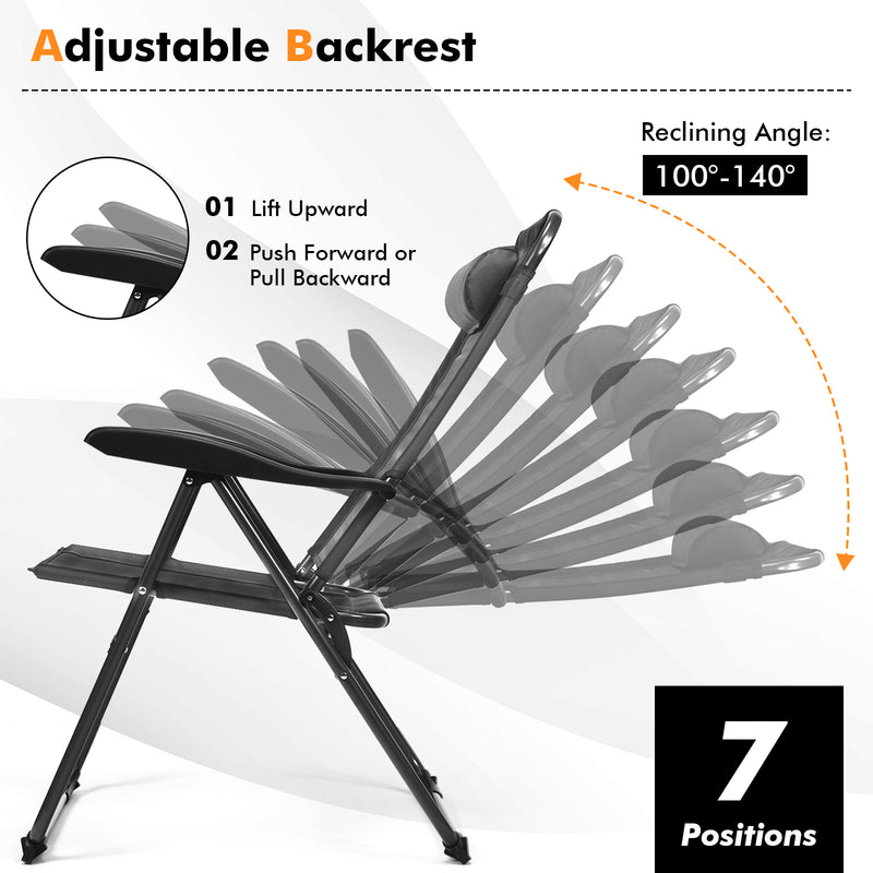 *2 Pieces Patio Adjustable Folding Recliner Chairs with 7 Level Adjustable Backrest - Gray