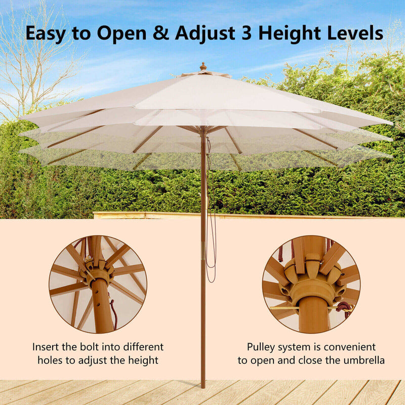 Adjustable 10 Feet Wooden Outdoor Umbrella Sunshade-Beige